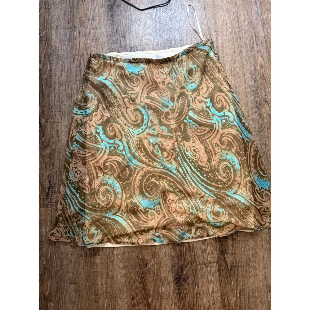 Vintage Style Paisley Mesh Midi Skirt Brown Turquoise Boho Lined Size 10 - Picture 4 of 6